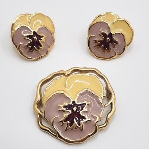 Vintage Avon Pansy Flower Enamel Brooch and Pierced Earring Set Cottagecore